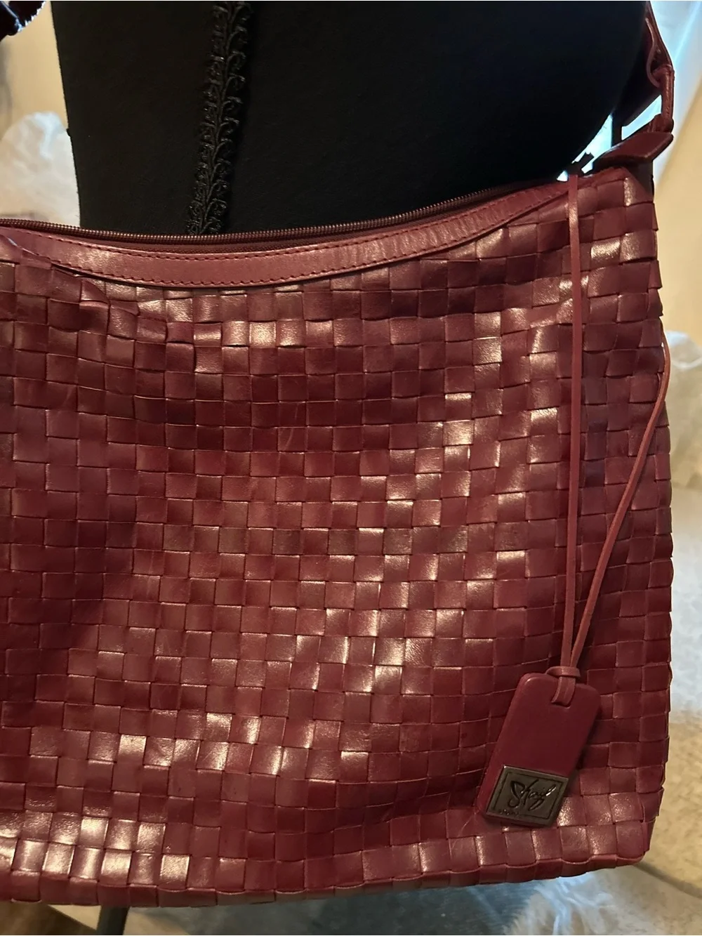 Sharif Studio Woven Leather Hobo Shoulder Bag Burgundy Boho Made in Brazil